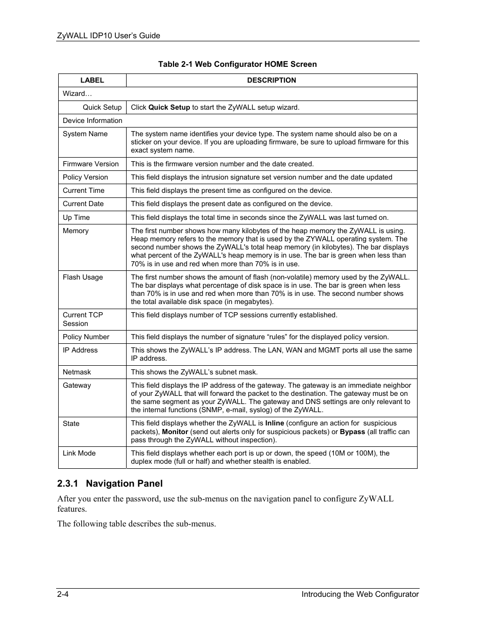 Navigation panel | ZyXEL Communications ZyXEL ZyWALL IDP 10 User Manual | Page 24 / 111