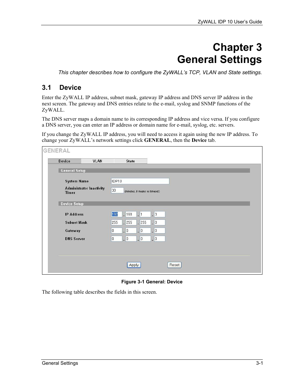 General settings, Device, Chapter 3 general settings | ZyXEL Communications ZyXEL ZyWALL IDP 10 User Manual | Page 29 / 111