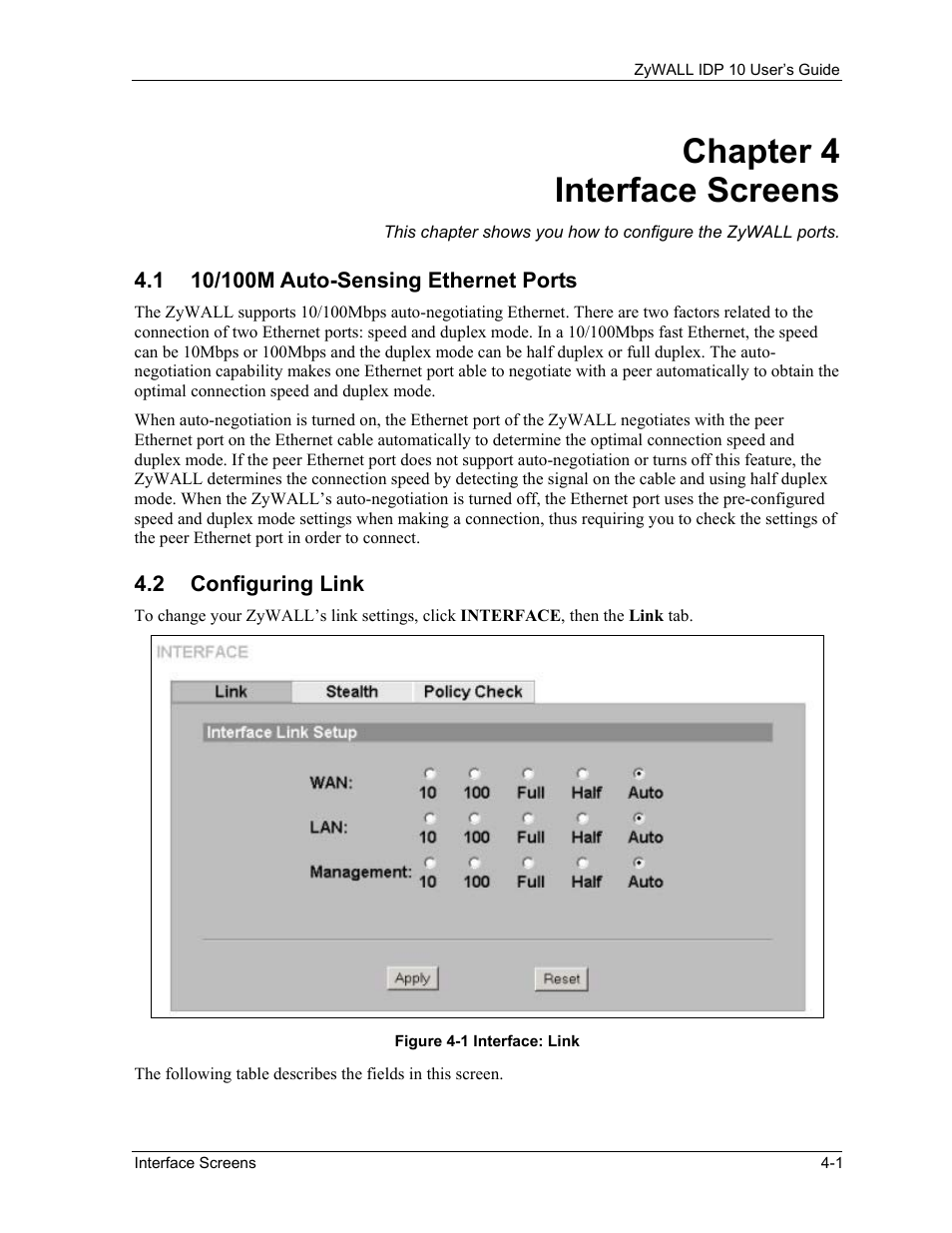 Interface screens, 10/100m auto-sensing ethernet ports, Configuring link | Chapter 4 interface screens | ZyXEL Communications ZyXEL ZyWALL IDP 10 User Manual | Page 33 / 111