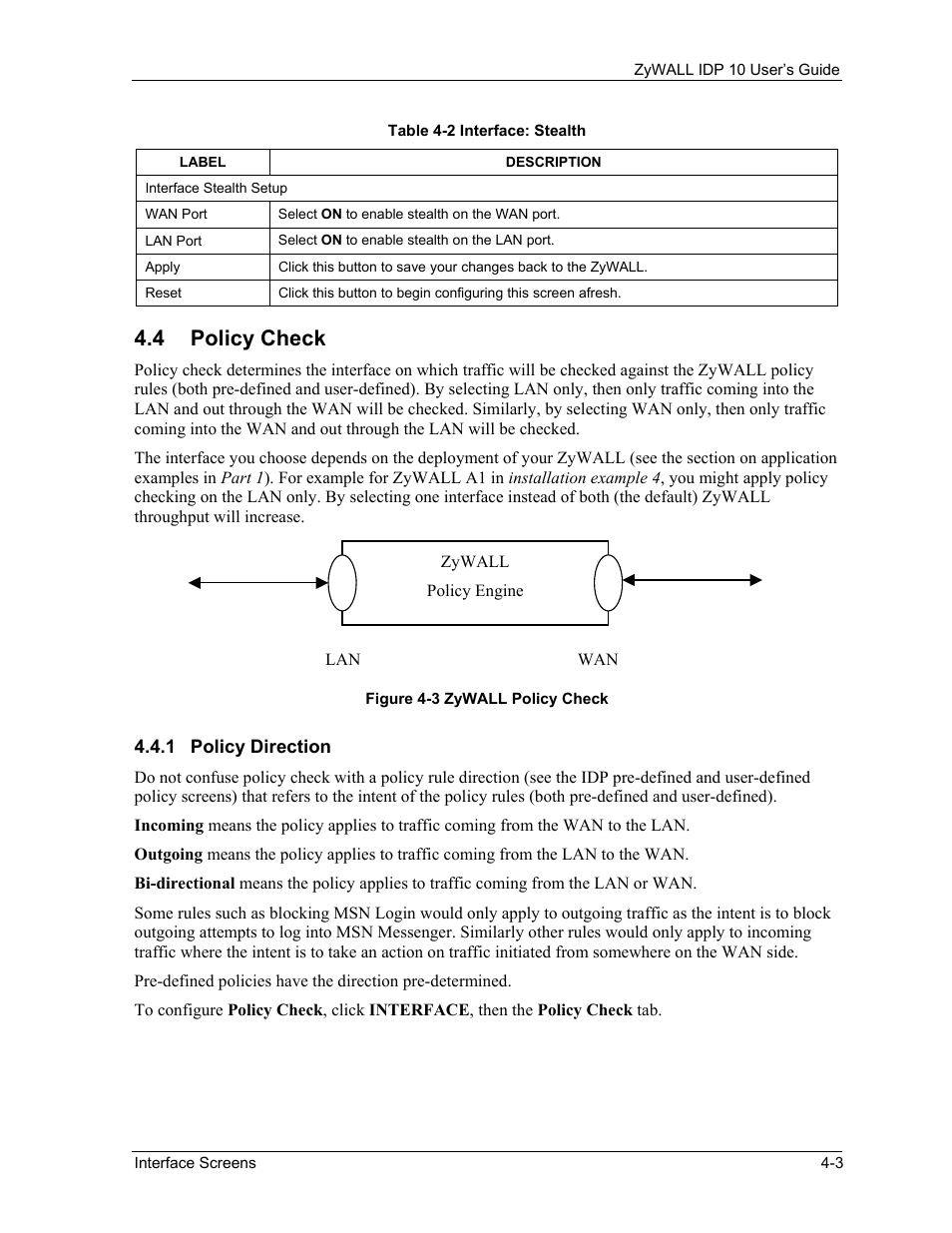 Policy check, Policy direction, 4 policy check | ZyXEL Communications ZyXEL ZyWALL IDP 10 User Manual | Page 35 / 111