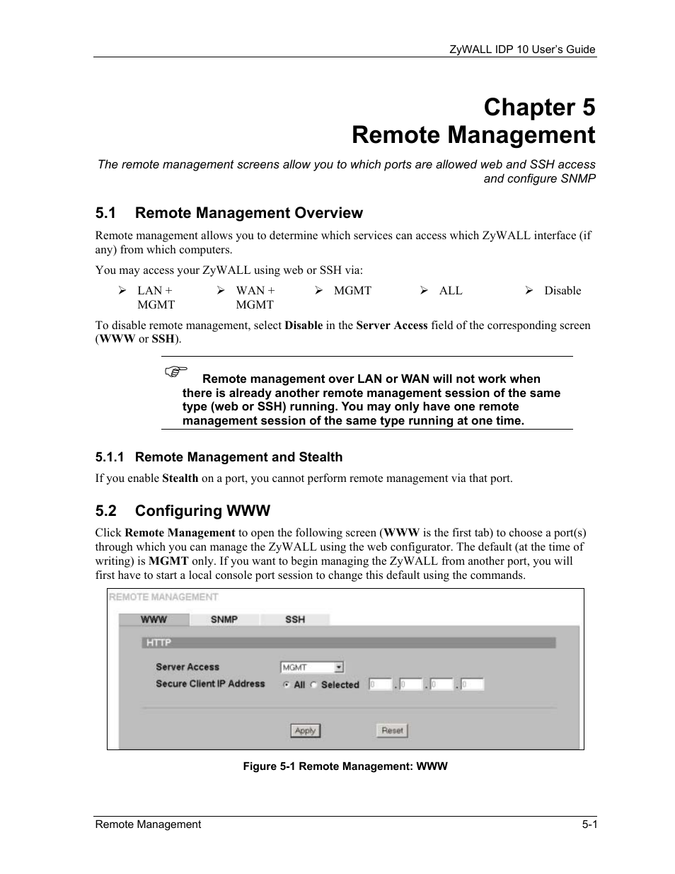 Remote management, Remote management overview, Remote management and stealth | Configuring www, Chapter 5 remote management | ZyXEL Communications ZyXEL ZyWALL IDP 10 User Manual | Page 37 / 111