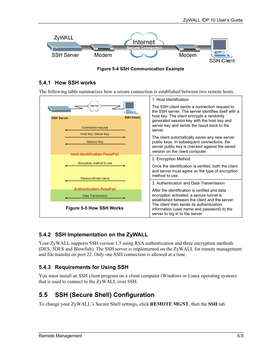 How ssh works, Ssh implementation on the zywall, Requirements for using ssh | Ssh (secure shell) configuration, 5 ssh (secure shell) configuration | ZyXEL Communications ZyXEL ZyWALL IDP 10 User Manual | Page 41 / 111