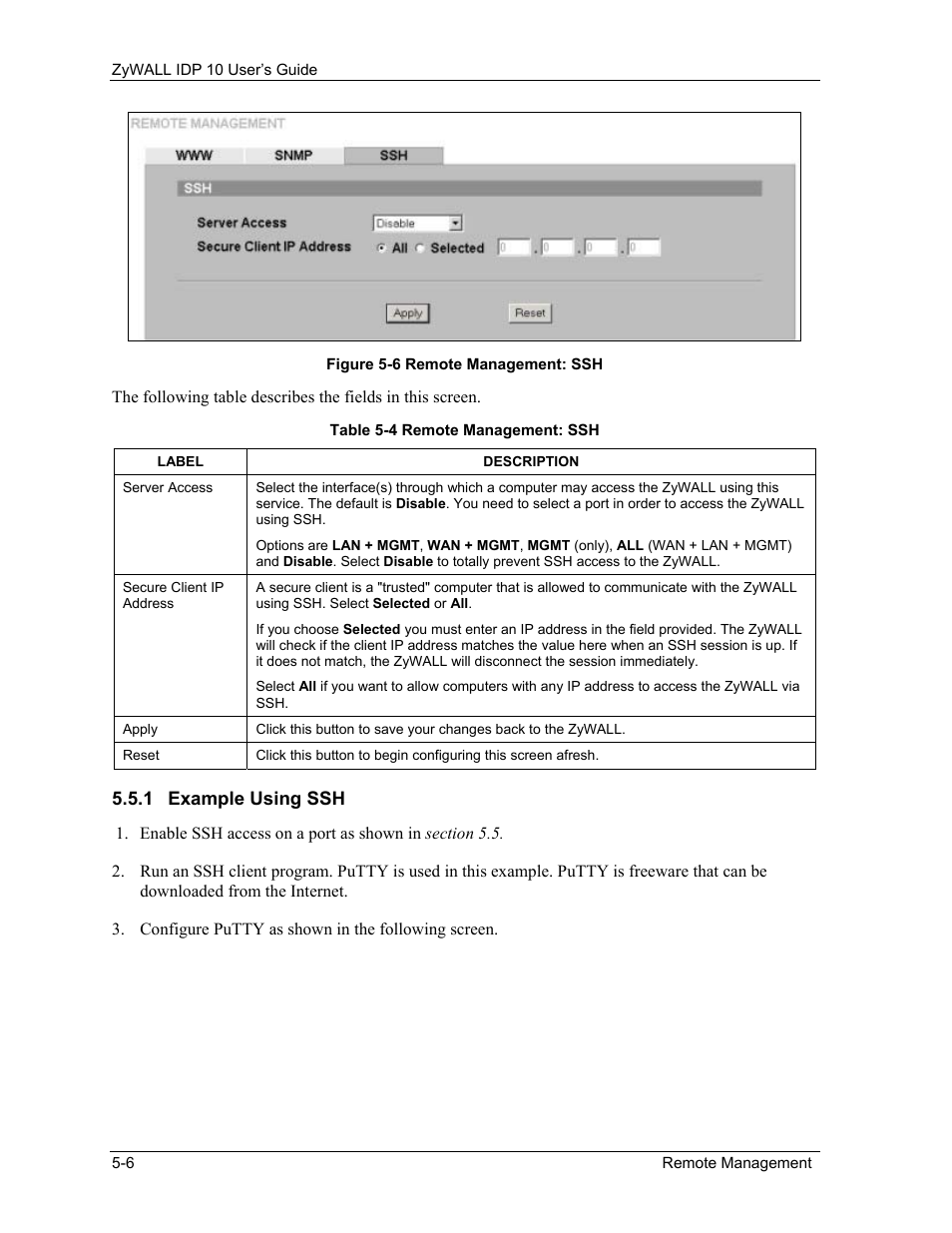 Example using ssh | ZyXEL Communications ZyXEL ZyWALL IDP 10 User Manual | Page 42 / 111