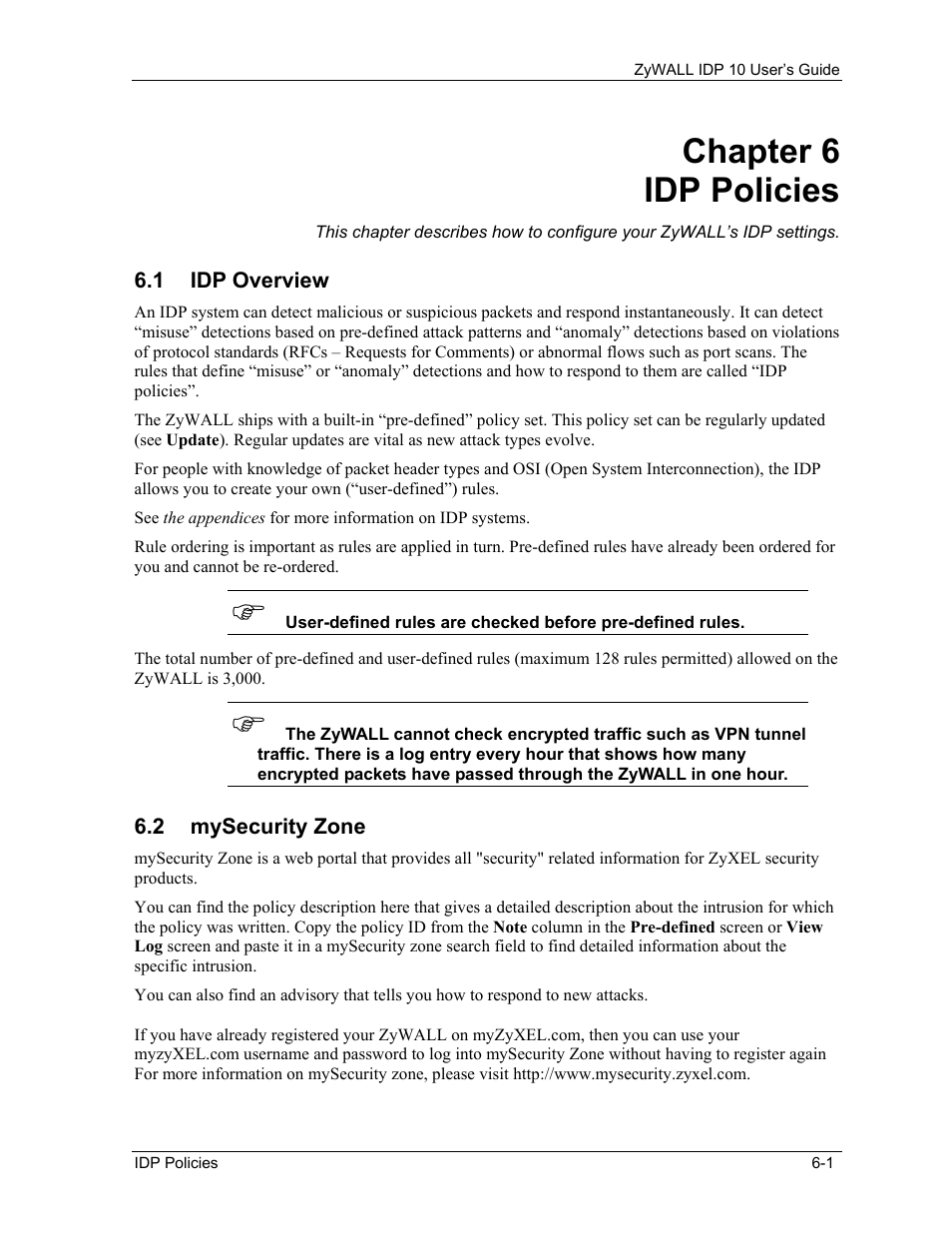 Idp policies, Idp overview, Mysecurity zone | Chapter 6 idp policies | ZyXEL Communications ZyXEL ZyWALL IDP 10 User Manual | Page 47 / 111