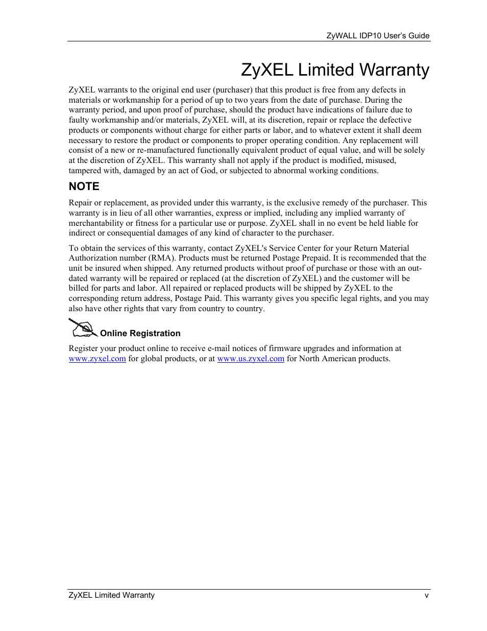 Zyxel limited warranty, Note | ZyXEL Communications ZyXEL ZyWALL IDP 10 User Manual | Page 5 / 111