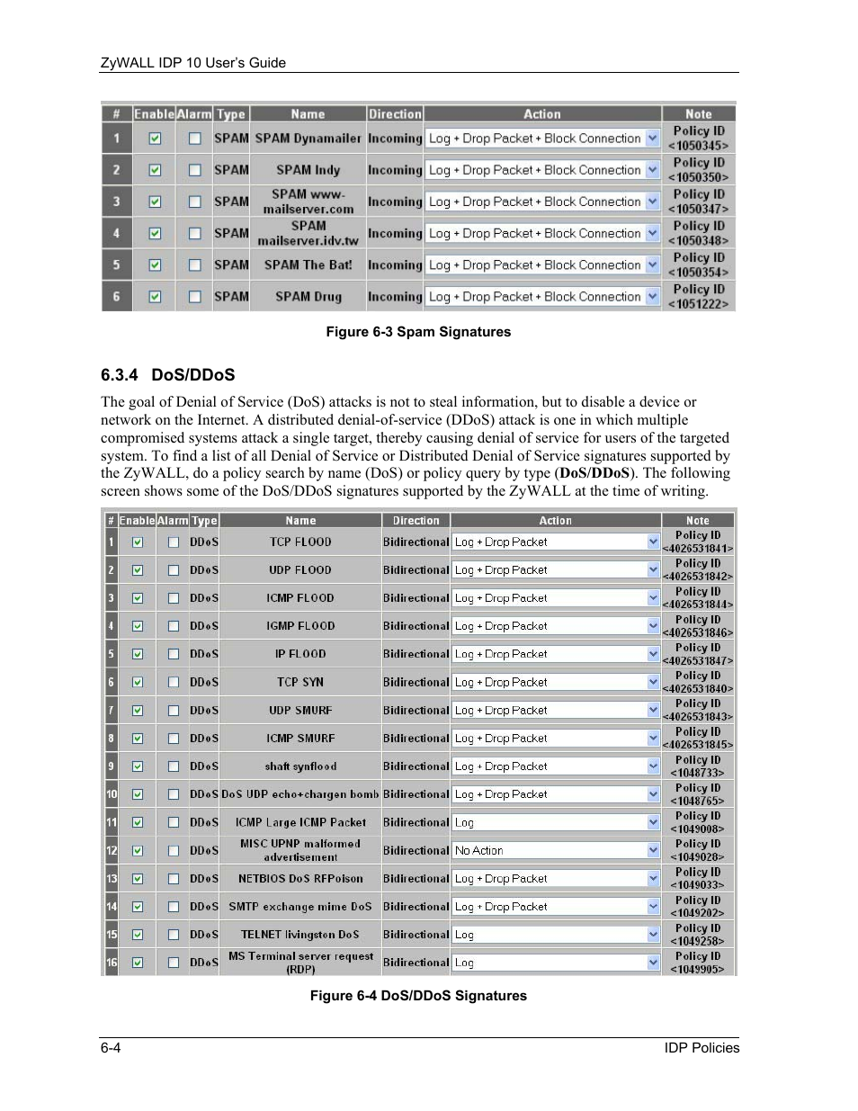 Dos/ddos | ZyXEL Communications ZyXEL ZyWALL IDP 10 User Manual | Page 50 / 111