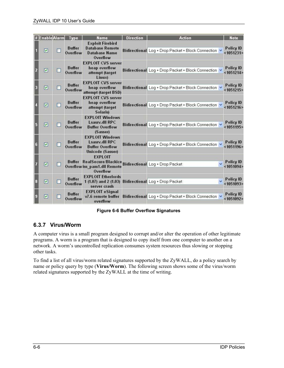 Virus/worm | ZyXEL Communications ZyXEL ZyWALL IDP 10 User Manual | Page 52 / 111