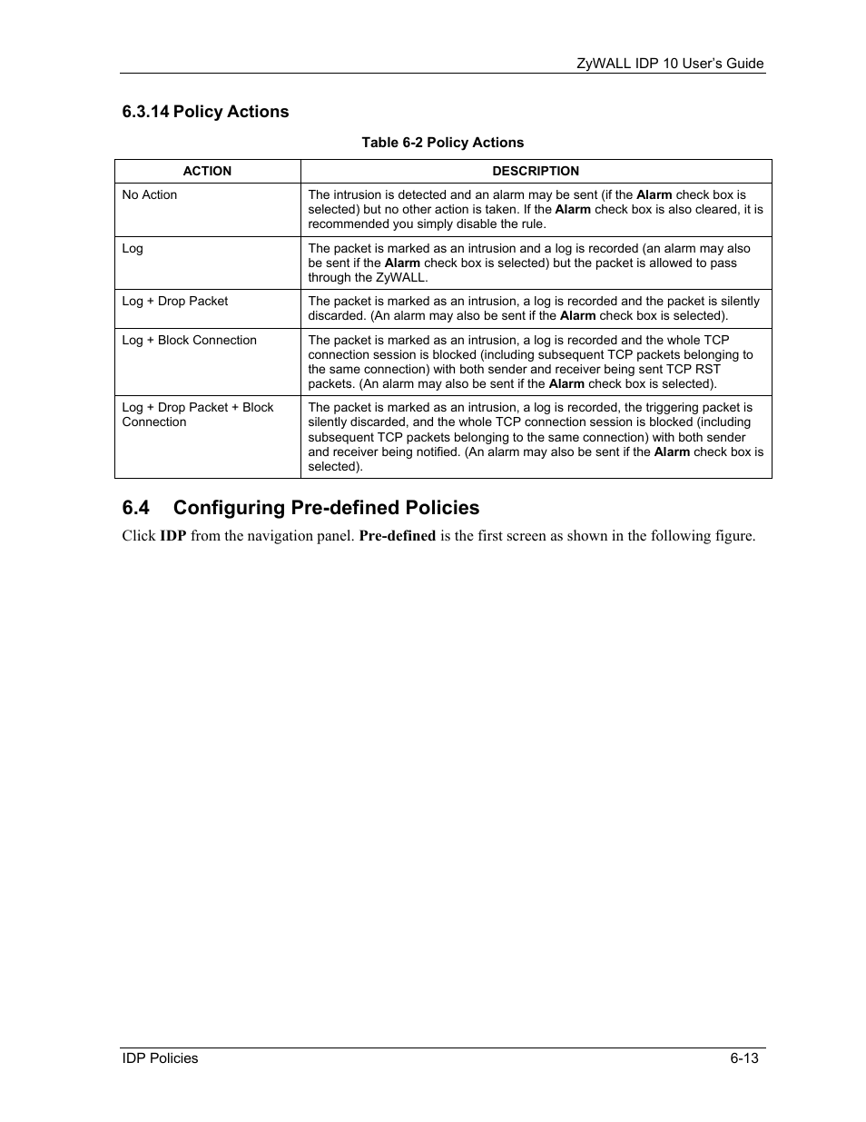 Policy actions, Configuring pre-defined policies, 4 configuring pre-defined policies | ZyXEL Communications ZyXEL ZyWALL IDP 10 User Manual | Page 59 / 111