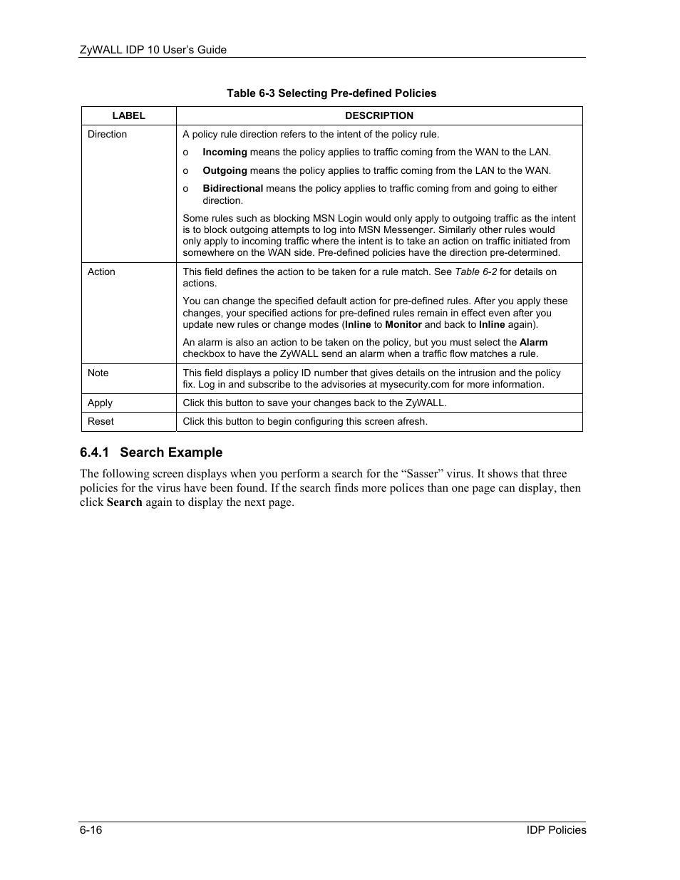 Search example | ZyXEL Communications ZyXEL ZyWALL IDP 10 User Manual | Page 62 / 111