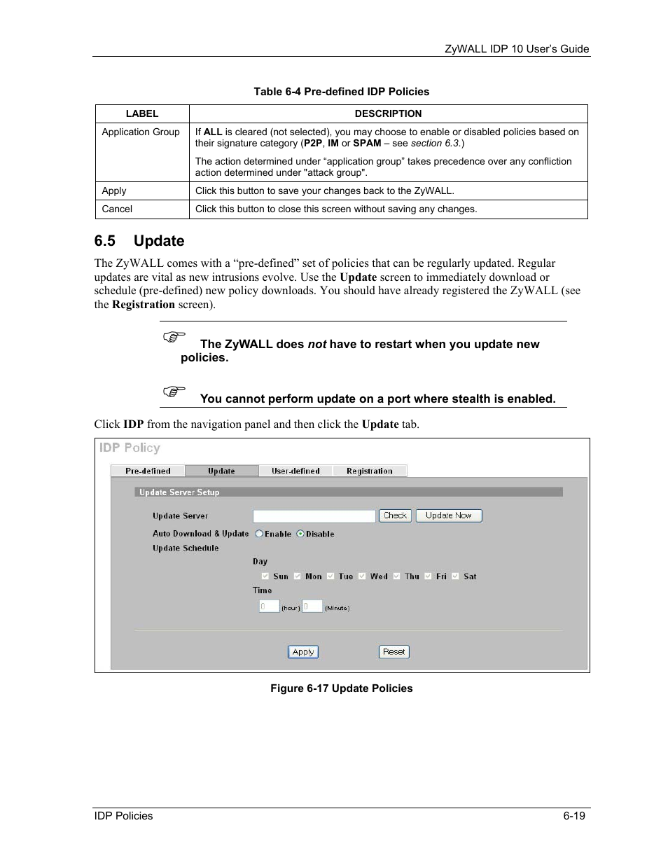 Update, 5 update | ZyXEL Communications ZyXEL ZyWALL IDP 10 User Manual | Page 65 / 111