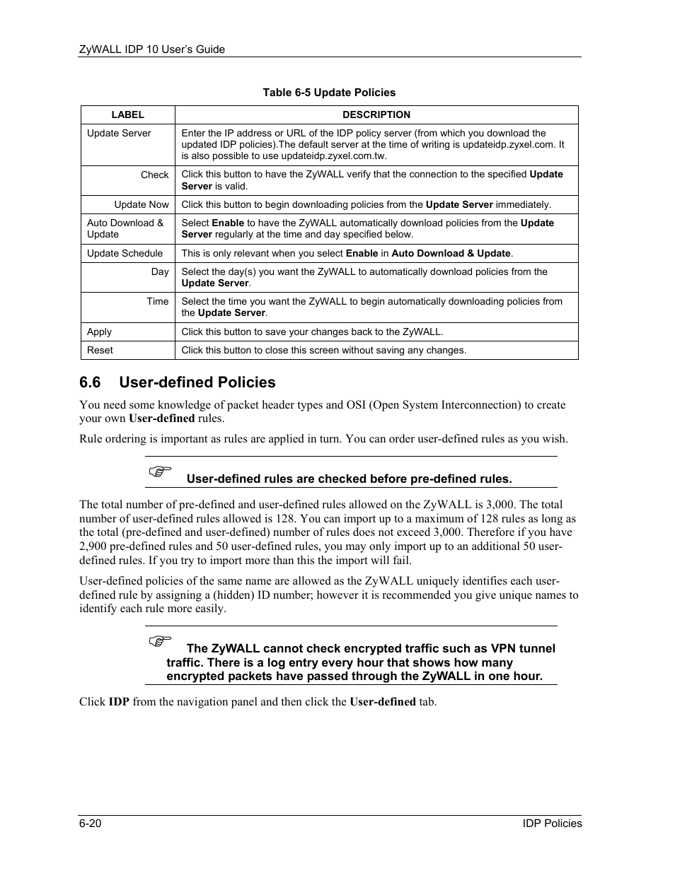 User-defined policies, 6 user-defined policies | ZyXEL Communications ZyXEL ZyWALL IDP 10 User Manual | Page 66 / 111