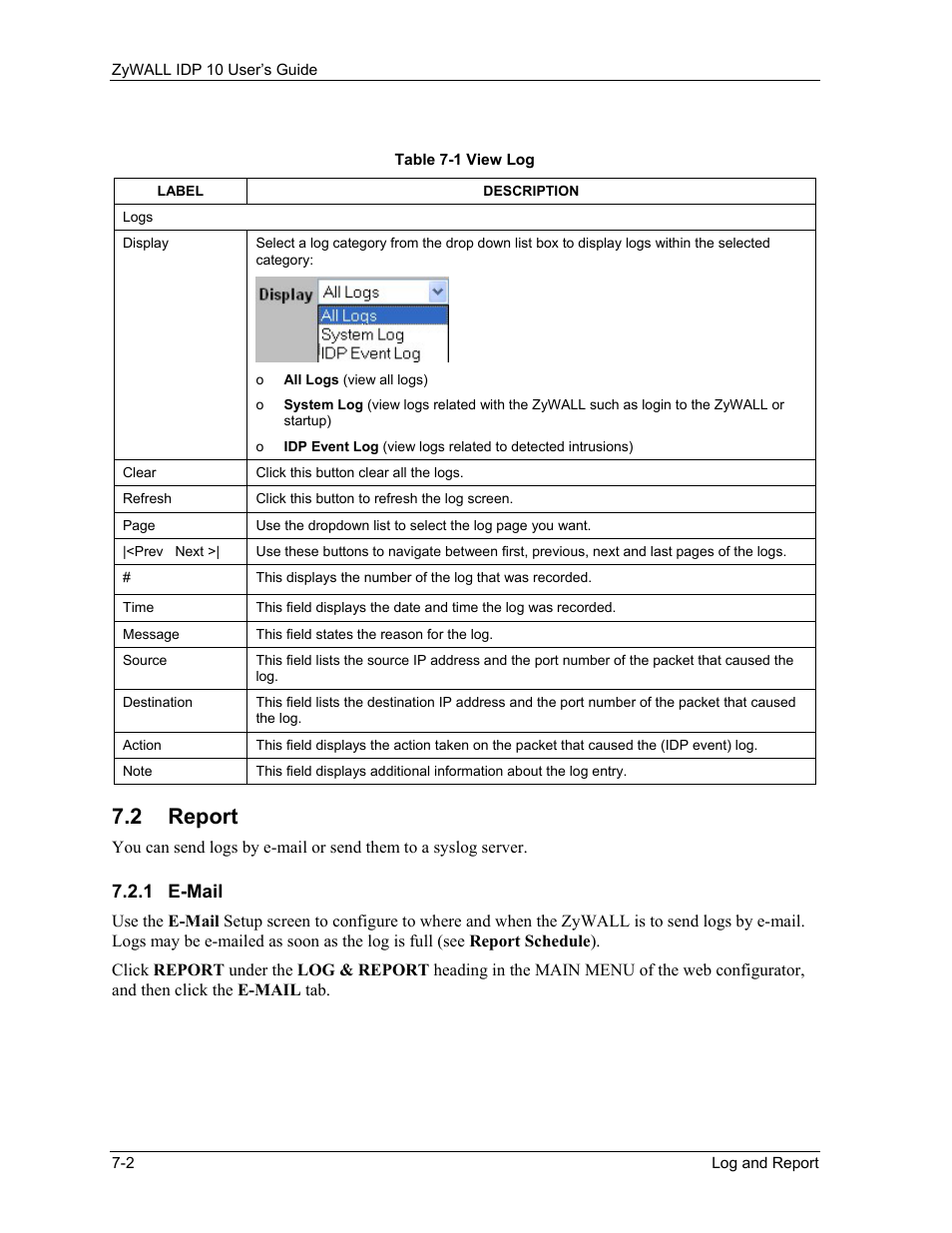 Report, E-mail, 2 report | ZyXEL Communications ZyXEL ZyWALL IDP 10 User Manual | Page 78 / 111