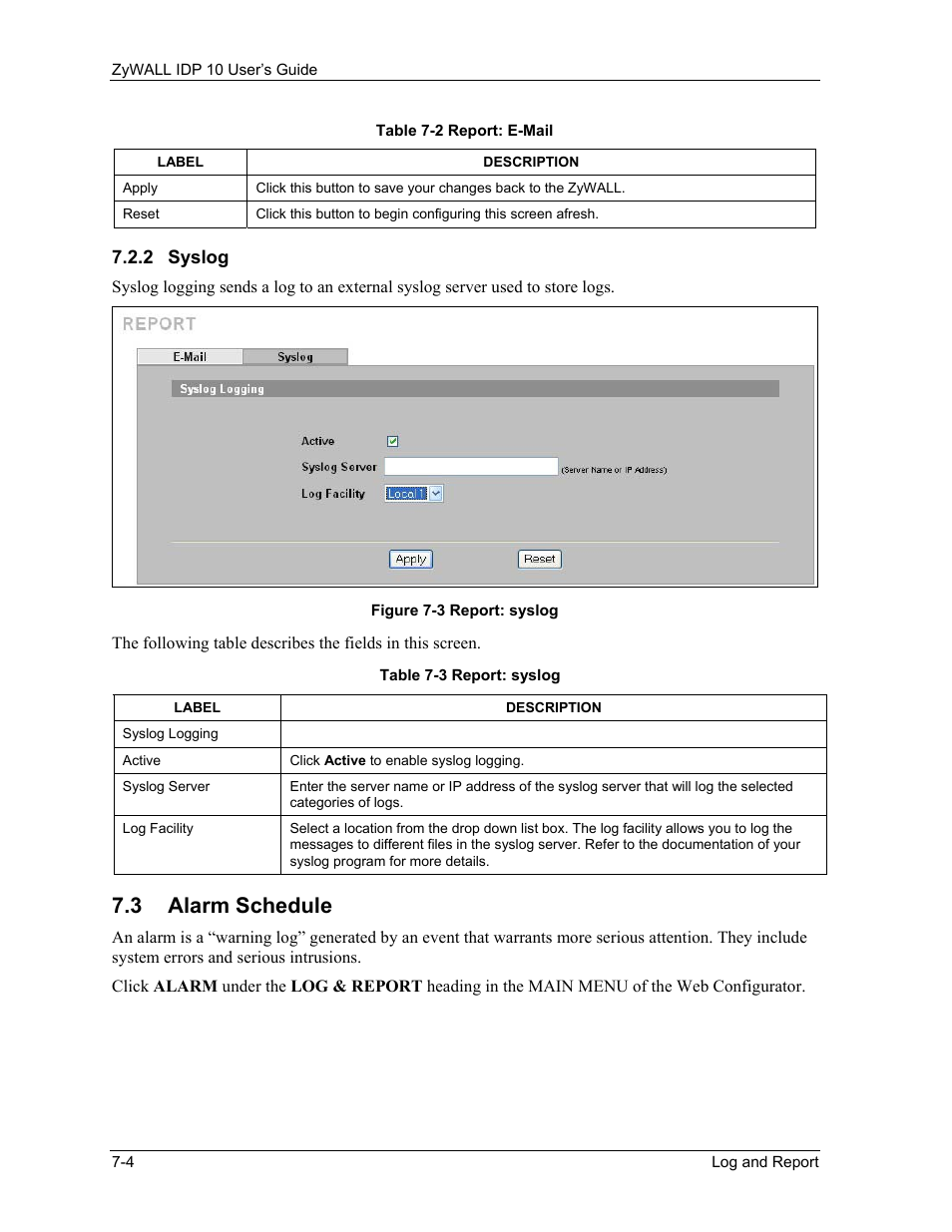 Syslog, Alarm schedule, 3 alarm schedule | ZyXEL Communications ZyXEL ZyWALL IDP 10 User Manual | Page 80 / 111