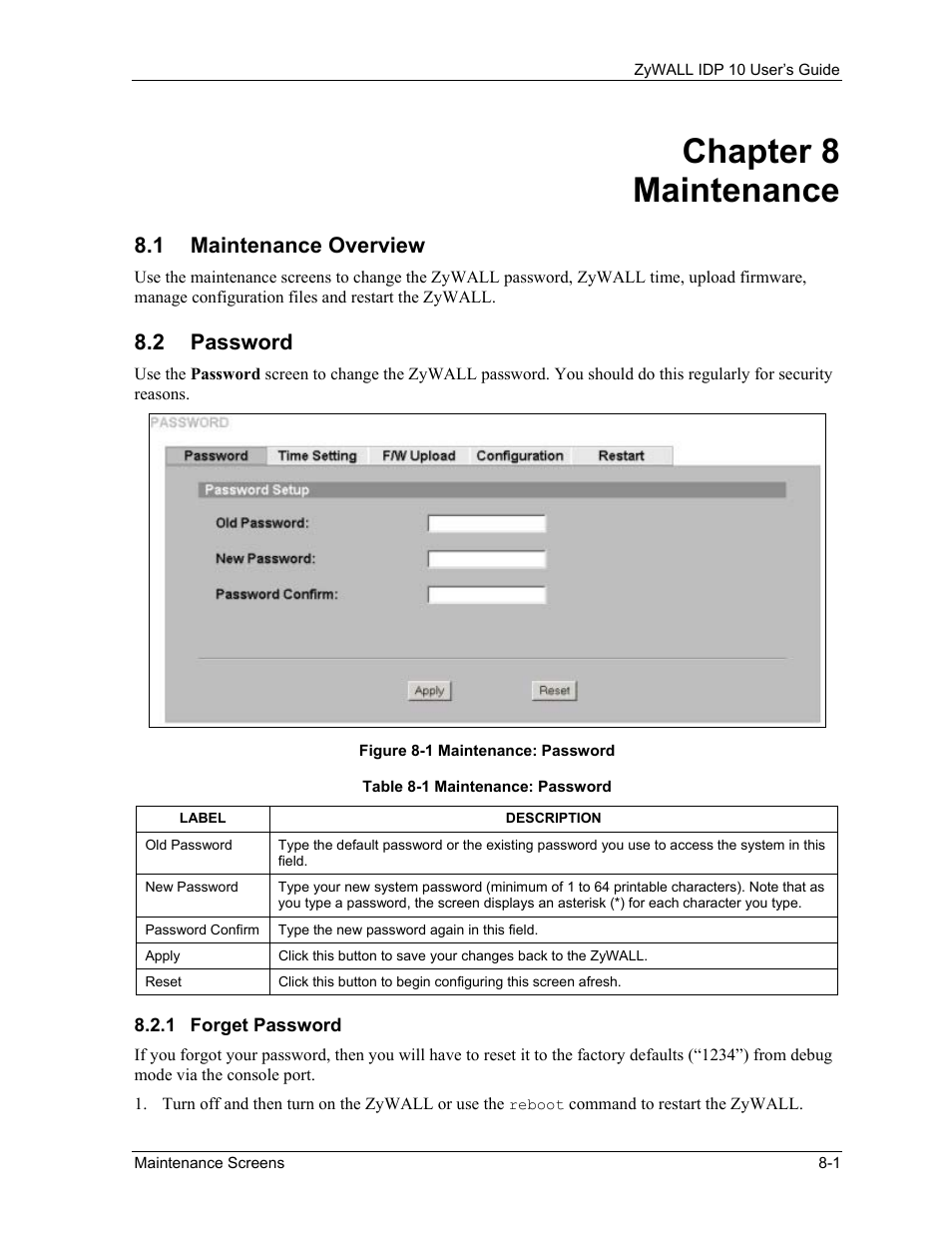 Maintenance, Maintenance overview, Password | Forget password, Chapter 8 maintenance, 1 maintenance overview, 2 password | ZyXEL Communications ZyXEL ZyWALL IDP 10 User Manual | Page 83 / 111