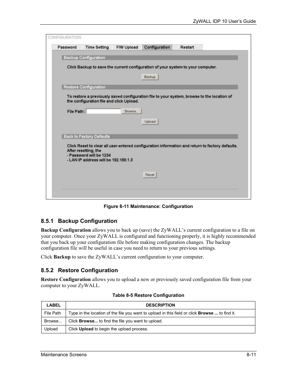 Backup configuration, Restore configuration | ZyXEL Communications ZyXEL ZyWALL IDP 10 User Manual | Page 93 / 111