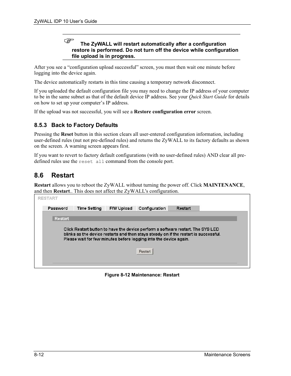 Back to factory defaults, Restart | ZyXEL Communications ZyXEL ZyWALL IDP 10 User Manual | Page 94 / 111