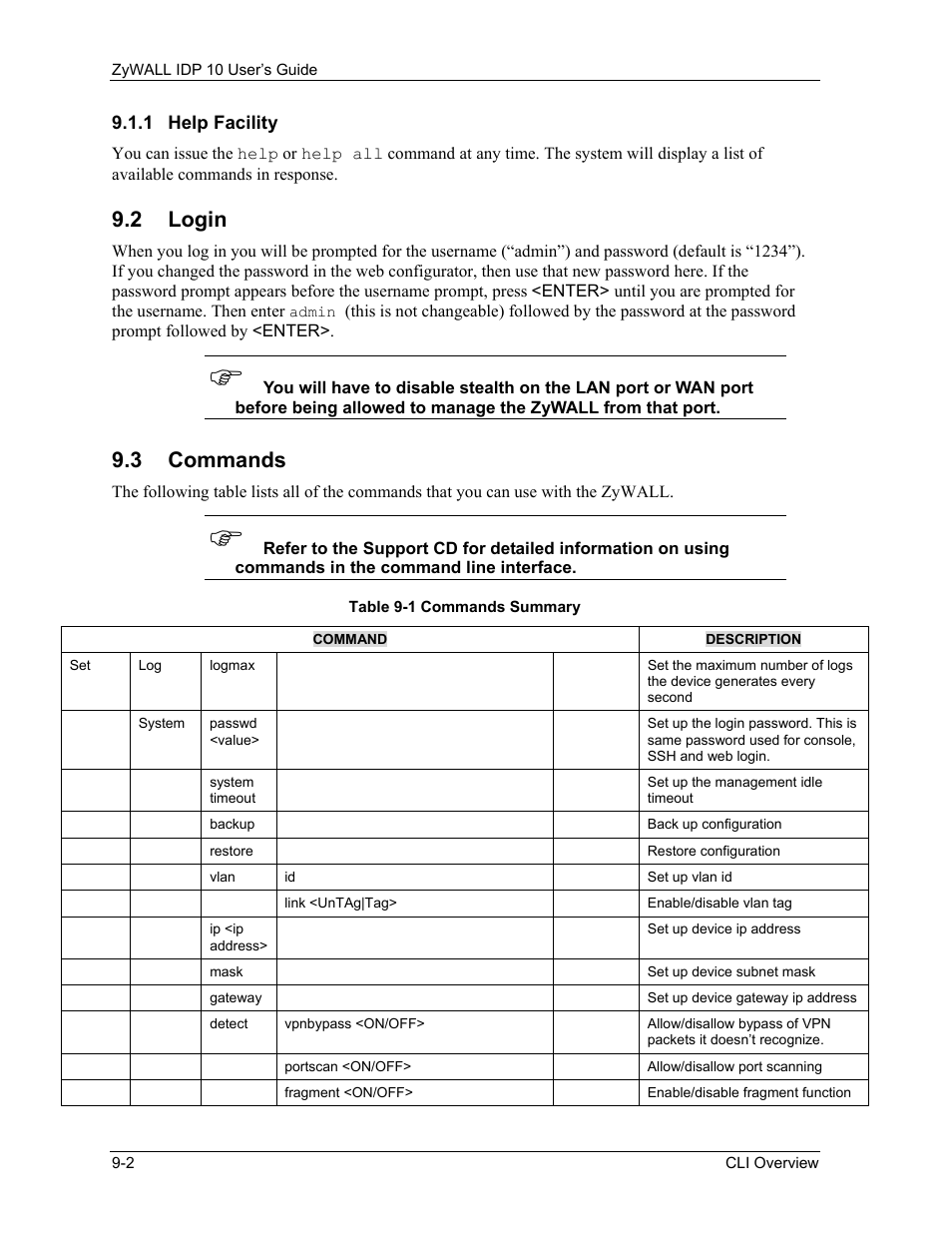 Help facility, Login, Commands | 2 login, 3 commands | ZyXEL Communications ZyXEL ZyWALL IDP 10 User Manual | Page 96 / 111