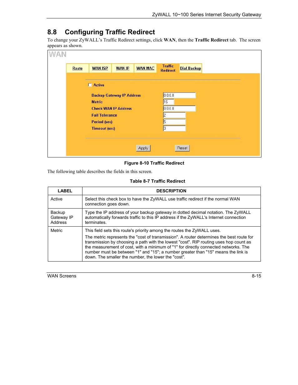 Configuring traffic redirect, 8 configuring traffic redirect | ZyXEL Communications ZyXEL ZyAIR 100 User Manual | Page 111 / 534