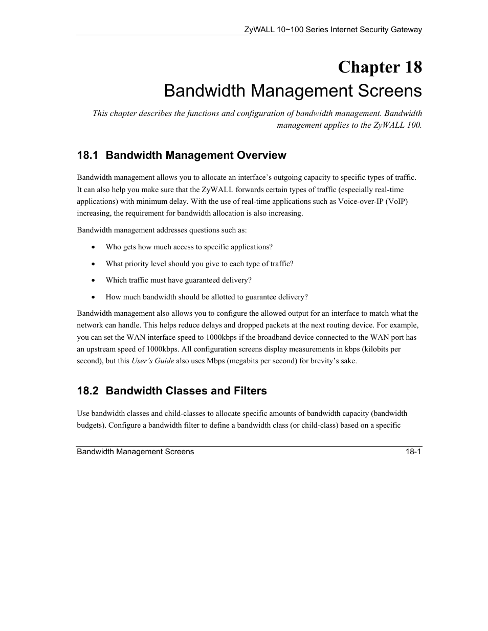 Bandwidth management screens, Bandwidth management overview, Bandwidth classes and filters | Chapter 18 bandwidth management screens | ZyXEL Communications ZyXEL ZyAIR 100 User Manual | Page 265 / 534