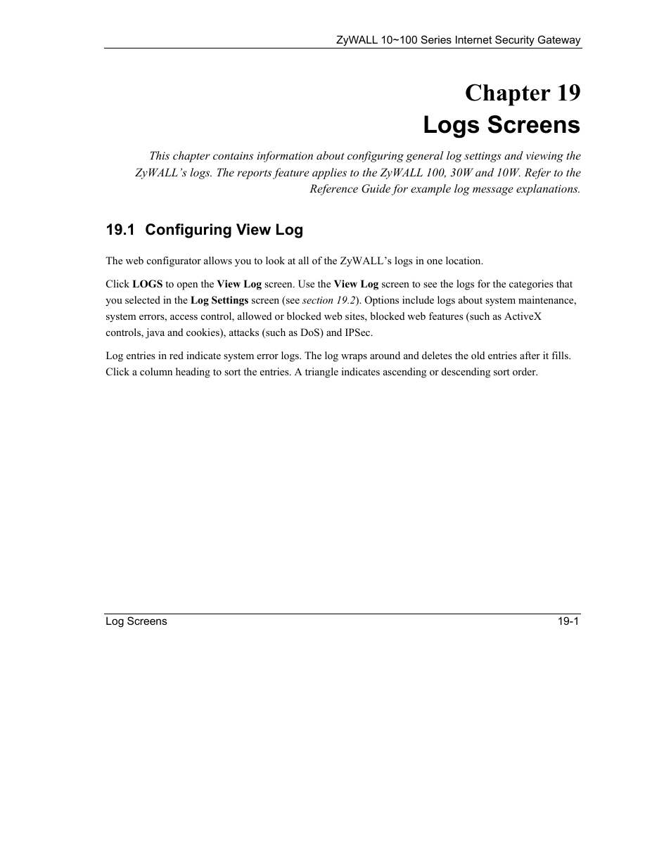 Logs screens, Configuring view log, Chapter 19 logs screens | ZyXEL Communications ZyXEL ZyAIR 100 User Manual | Page 287 / 534