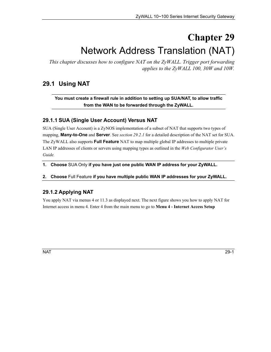Network address translation (nat), Using nat, Chapter 29 network address translation (nat) | ZyXEL Communications ZyXEL ZyAIR 100 User Manual | Page 381 / 534