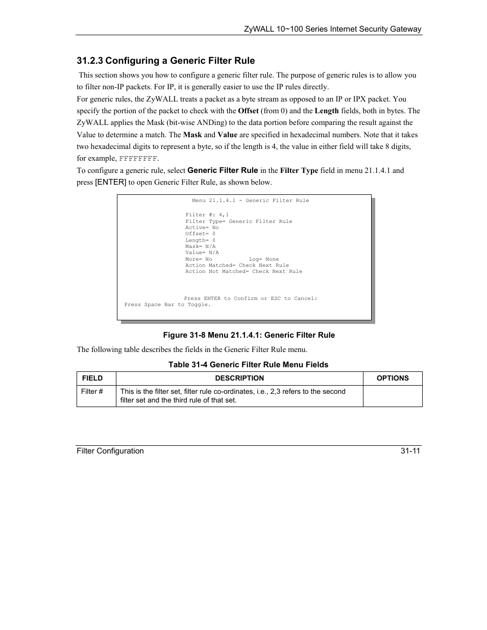 3 configuring a generic filter rule | ZyXEL Communications ZyXEL ZyAIR 100 User Manual | Page 415 / 534