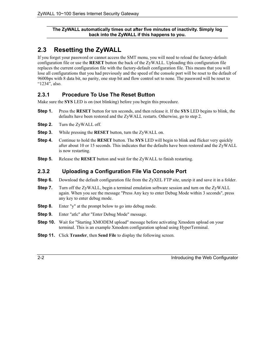 Resetting the zywall, 3 resetting the zywall | ZyXEL Communications ZyXEL ZyAIR 100 User Manual | Page 44 / 534