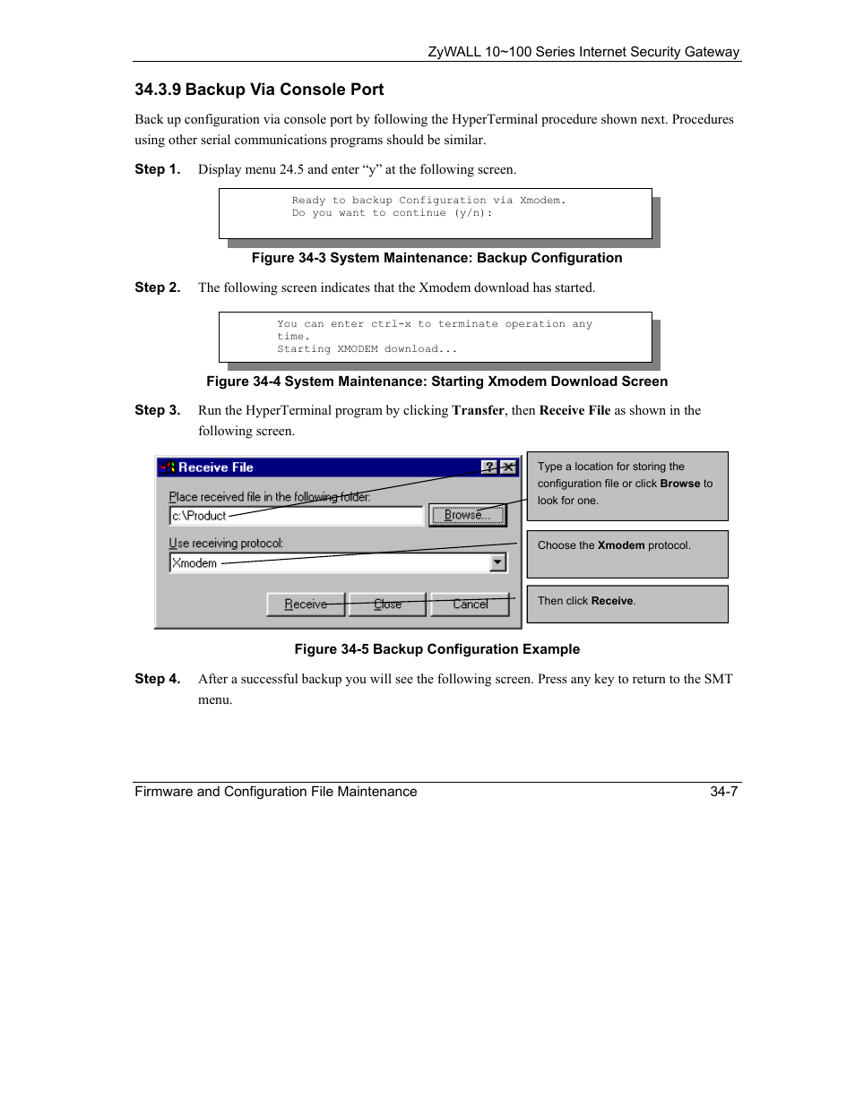 9 backup via console port | ZyXEL Communications ZyXEL ZyAIR 100 User Manual | Page 447 / 534