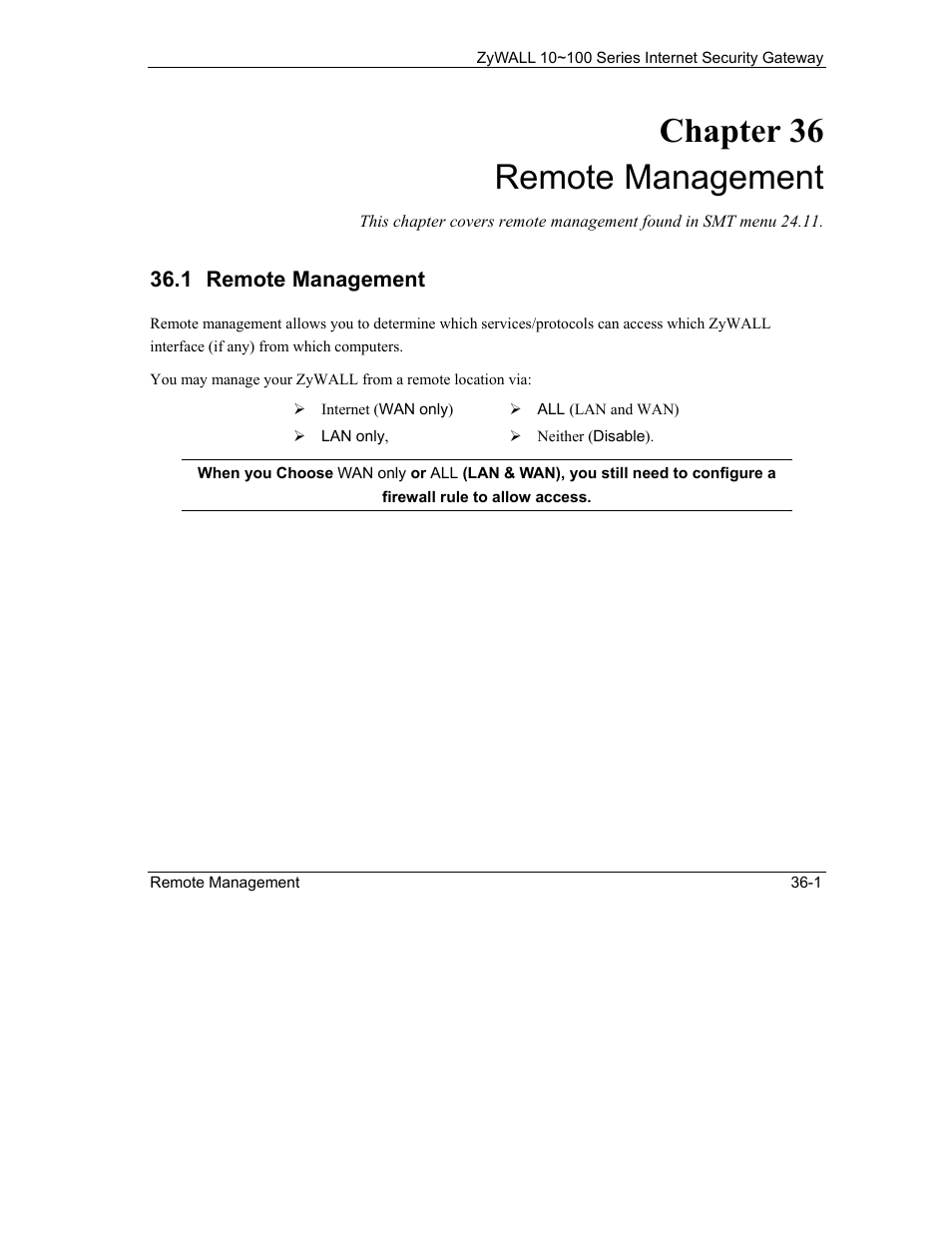 Remote management, Chapter 36 remote management | ZyXEL Communications ZyXEL ZyAIR 100 User Manual | Page 469 / 534