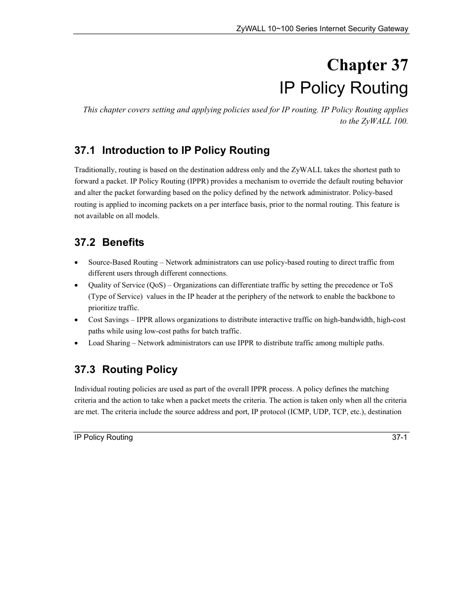 Ip policy routing, Introduction to ip policy routing, Benefits | Routing policy, Chapter 37 ip policy routing | ZyXEL Communications ZyXEL ZyAIR 100 User Manual | Page 475 / 534