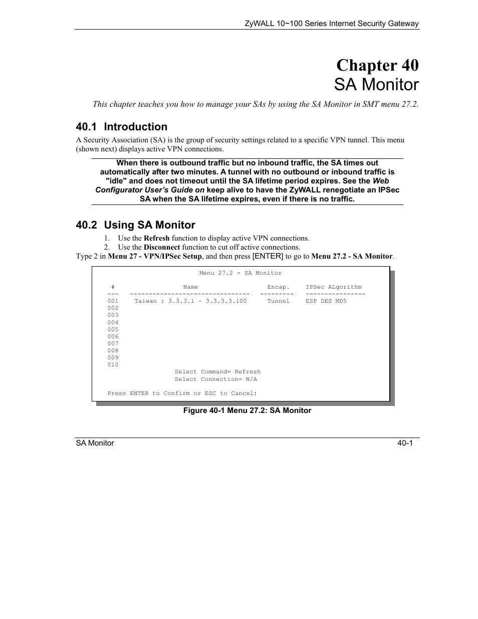 Sa monitor, Introduction, Using sa monitor | Chapter 40 sa monitor, 1 introduction, 2 using sa monitor | ZyXEL Communications ZyXEL ZyAIR 100 User Manual | Page 507 / 534