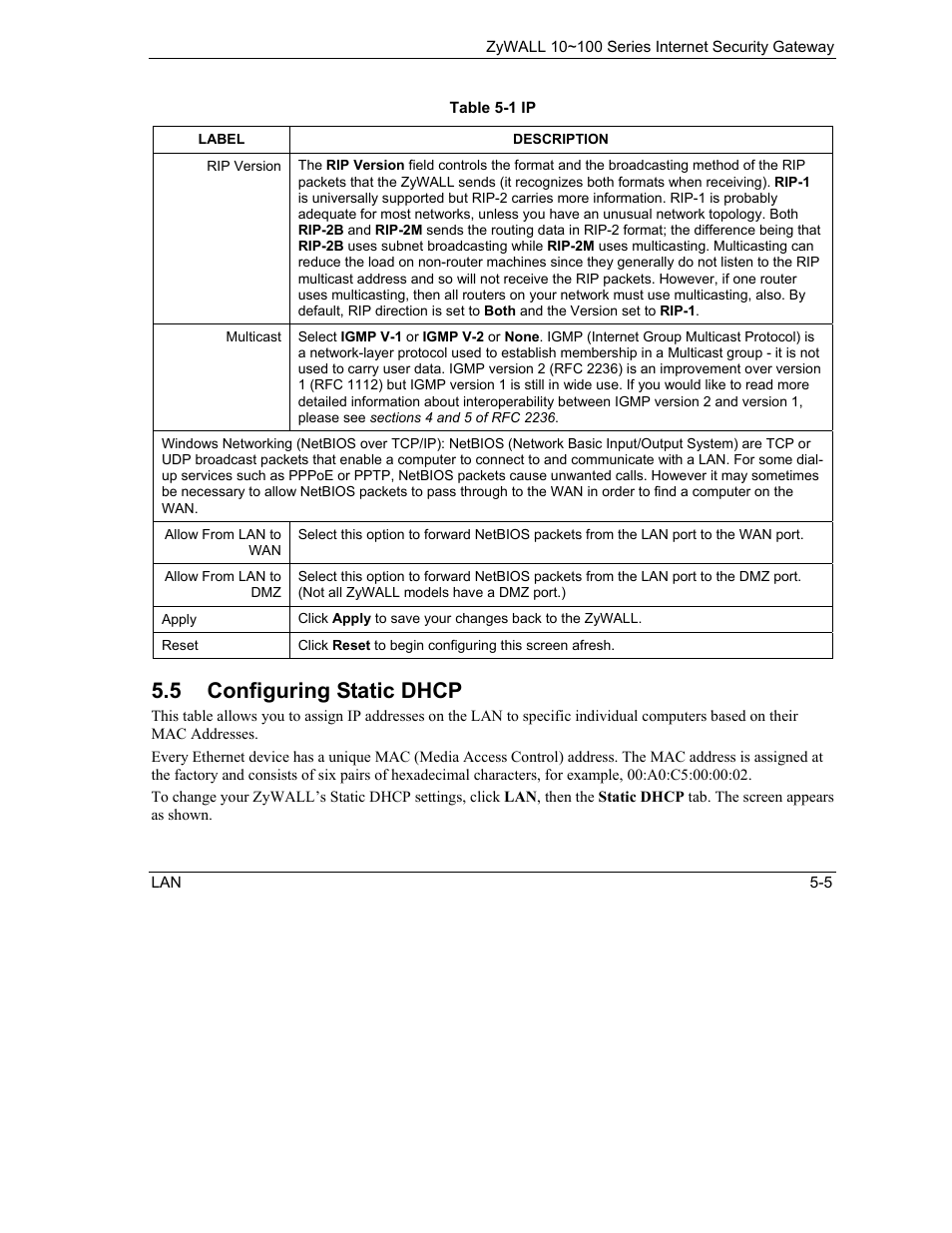 Configuring static dhcp, 5 configuring static dhcp | ZyXEL Communications ZyXEL ZyAIR 100 User Manual | Page 73 / 534