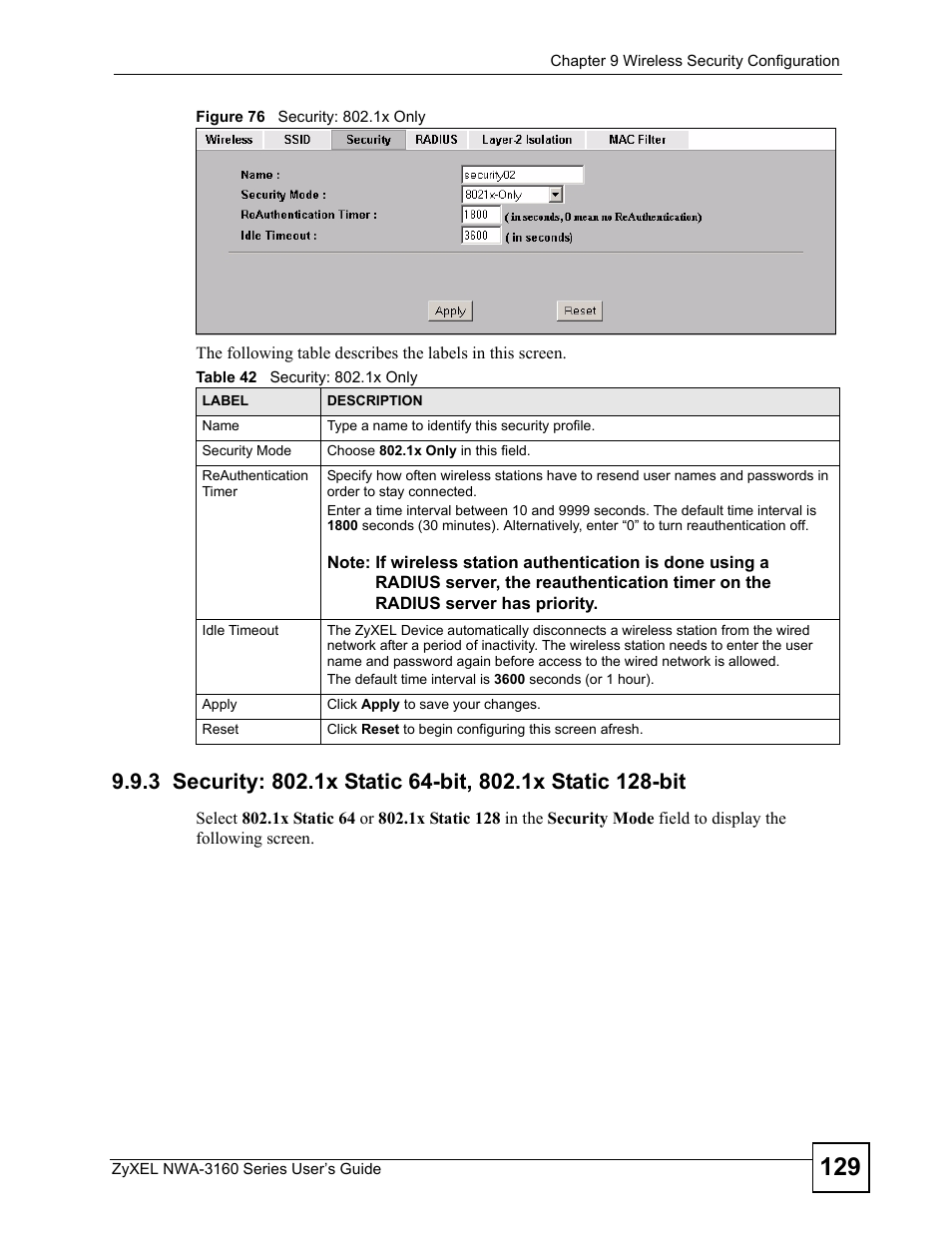 Figure 76 security: 802.1x only, Table 42 security: 802.1x only | ZyXEL Communications NWA3160 User Manual | Page 129 / 314