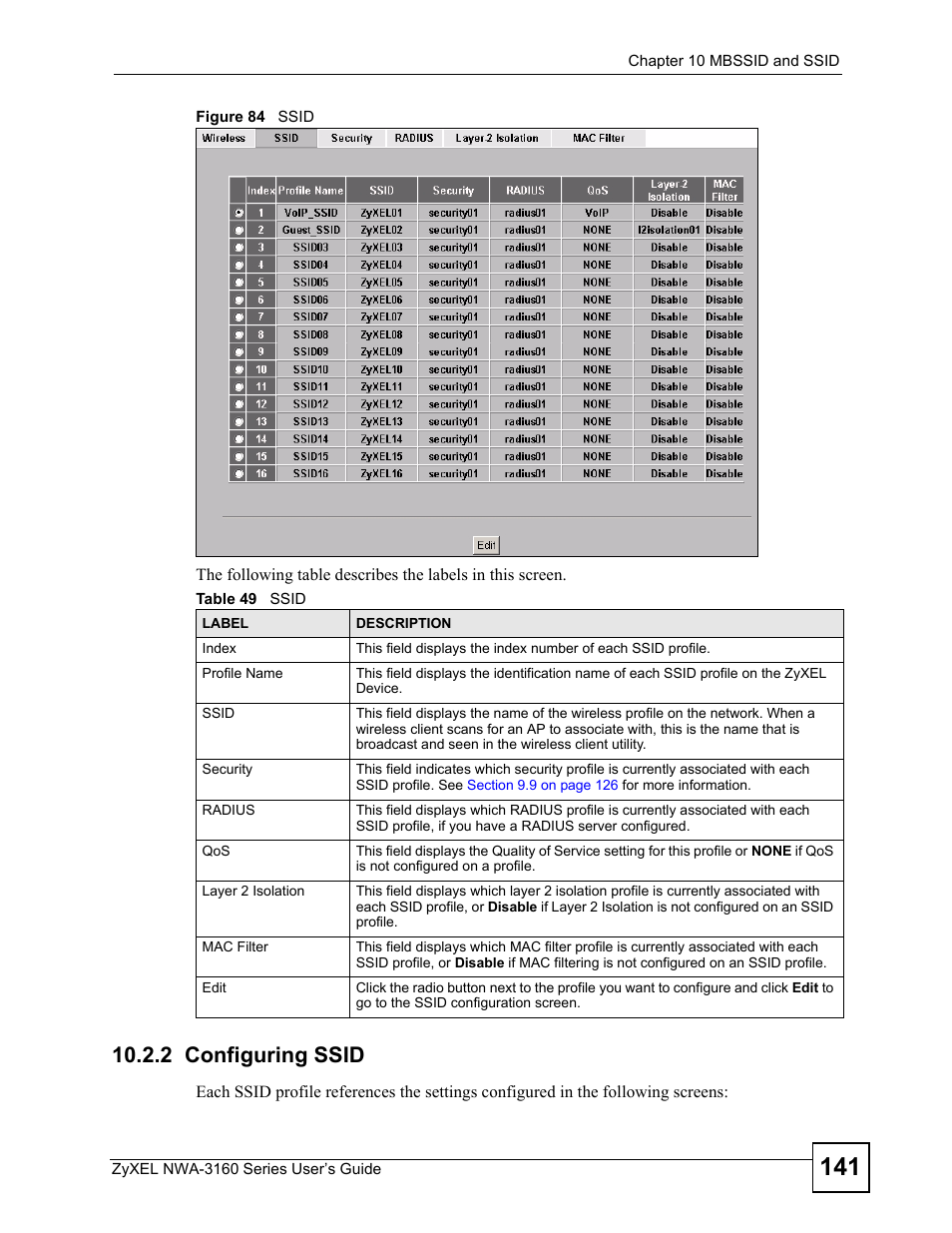 2 configuring ssid, Figure 84 ssid, Table 49 ssid | ZyXEL Communications NWA3160 User Manual | Page 141 / 314