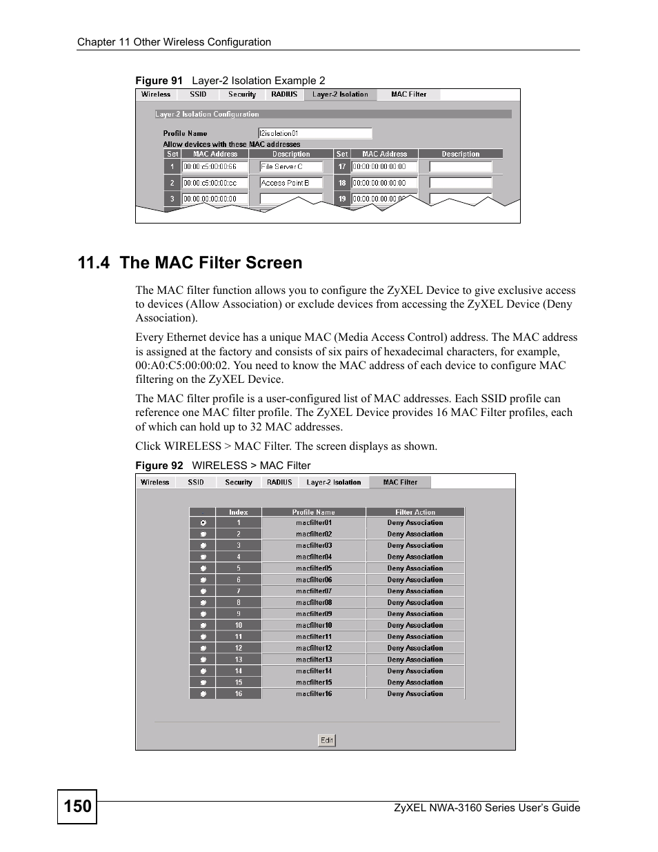 4 the mac filter screen, Screen (see | ZyXEL Communications NWA3160 User Manual | Page 150 / 314