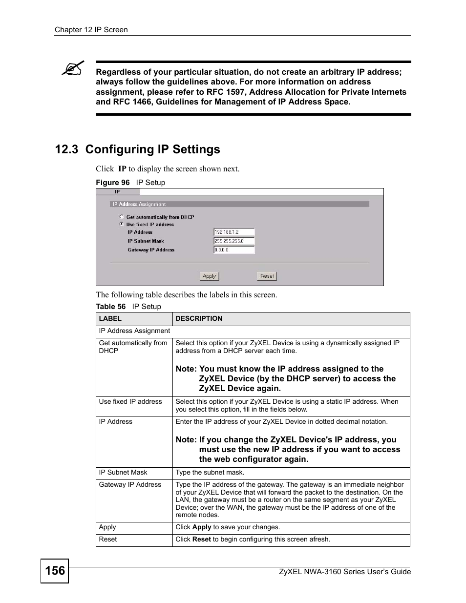 3 configuring ip settings, Figure 96 ip setup, Table 56 ip setup | Screen (see | ZyXEL Communications NWA3160 User Manual | Page 156 / 314