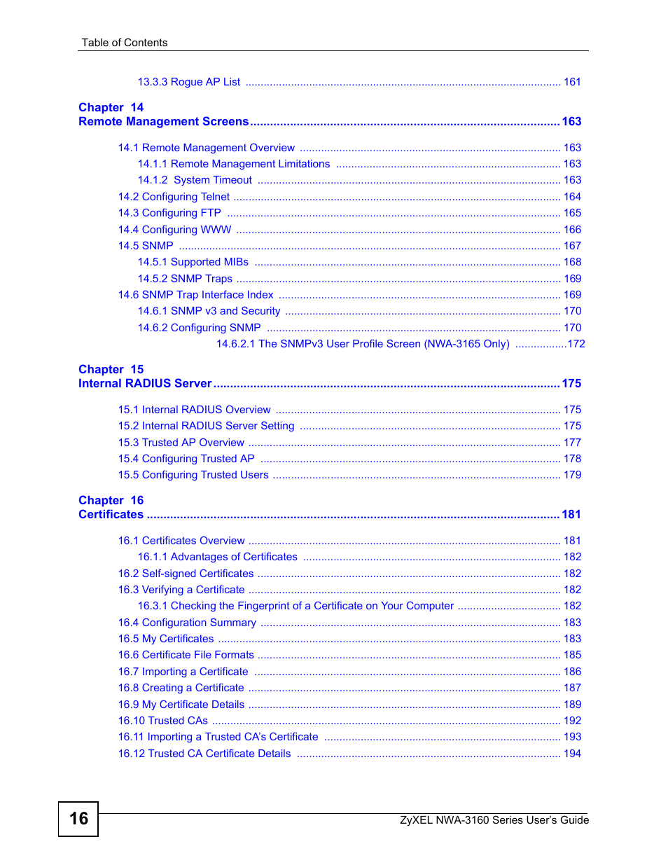 ZyXEL Communications NWA3160 User Manual | Page 16 / 314