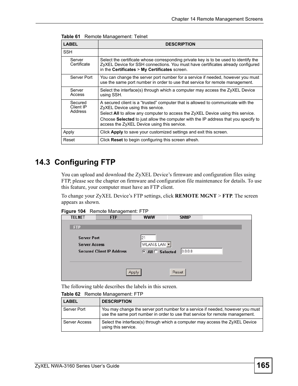 3 configuring ftp, Figure 104 remote management: ftp, Table 62 remote management: ftp | ZyXEL Communications NWA3160 User Manual | Page 165 / 314