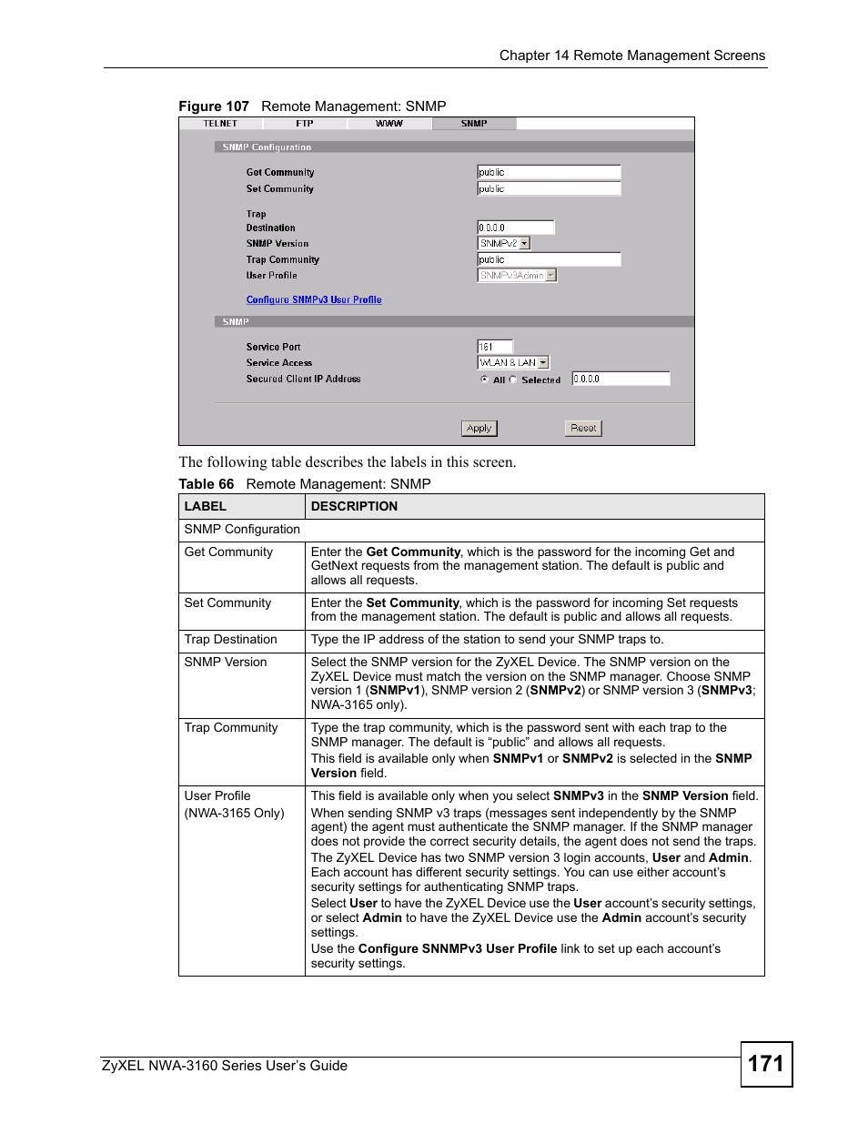 Figure 107 remote management: snmp, Table 66 remote management: snmp | ZyXEL Communications NWA3160 User Manual | Page 171 / 314