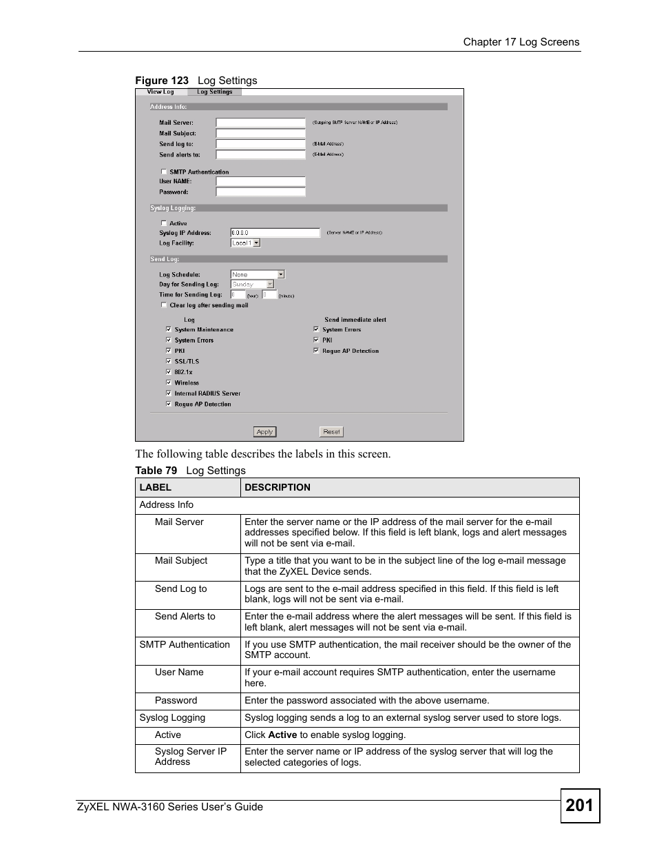 Figure 123 log settings, Table 79 log settings | ZyXEL Communications NWA3160 User Manual | Page 201 / 314