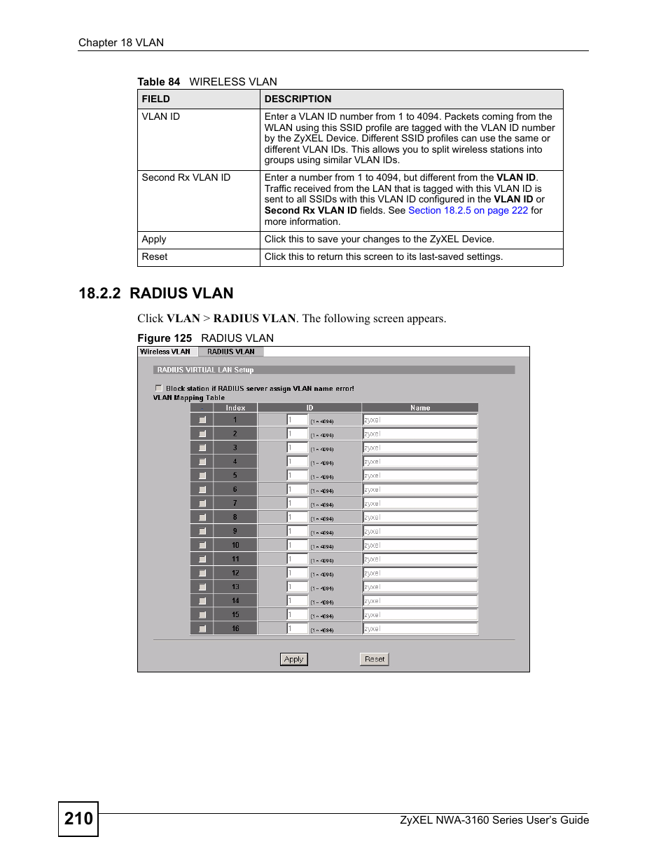 2 radius vlan, Figure 125 radius vlan | ZyXEL Communications NWA3160 User Manual | Page 210 / 314