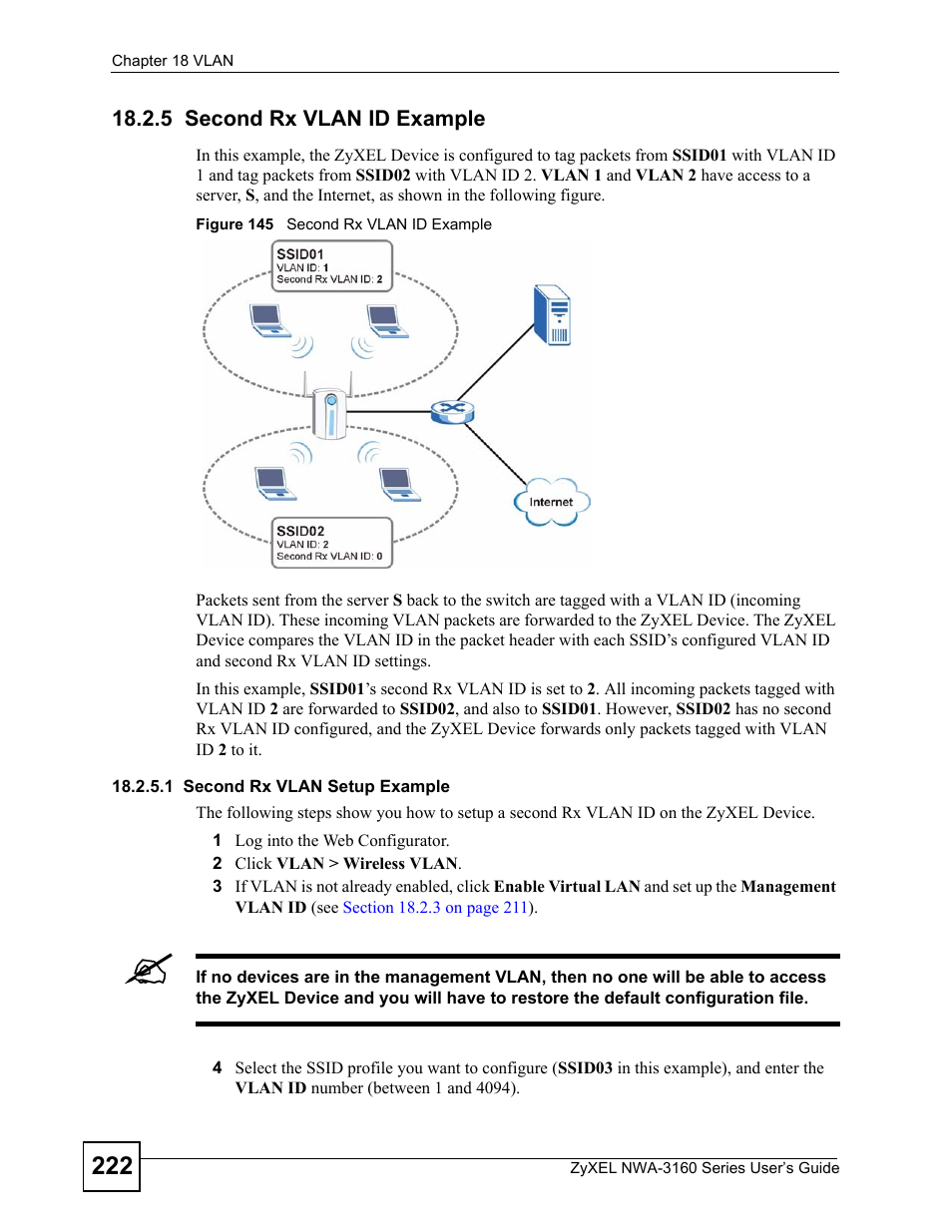 5 second rx vlan id example, 1 second rx vlan setup example, Figure 145 second rx vlan id example | ZyXEL Communications NWA3160 User Manual | Page 222 / 314