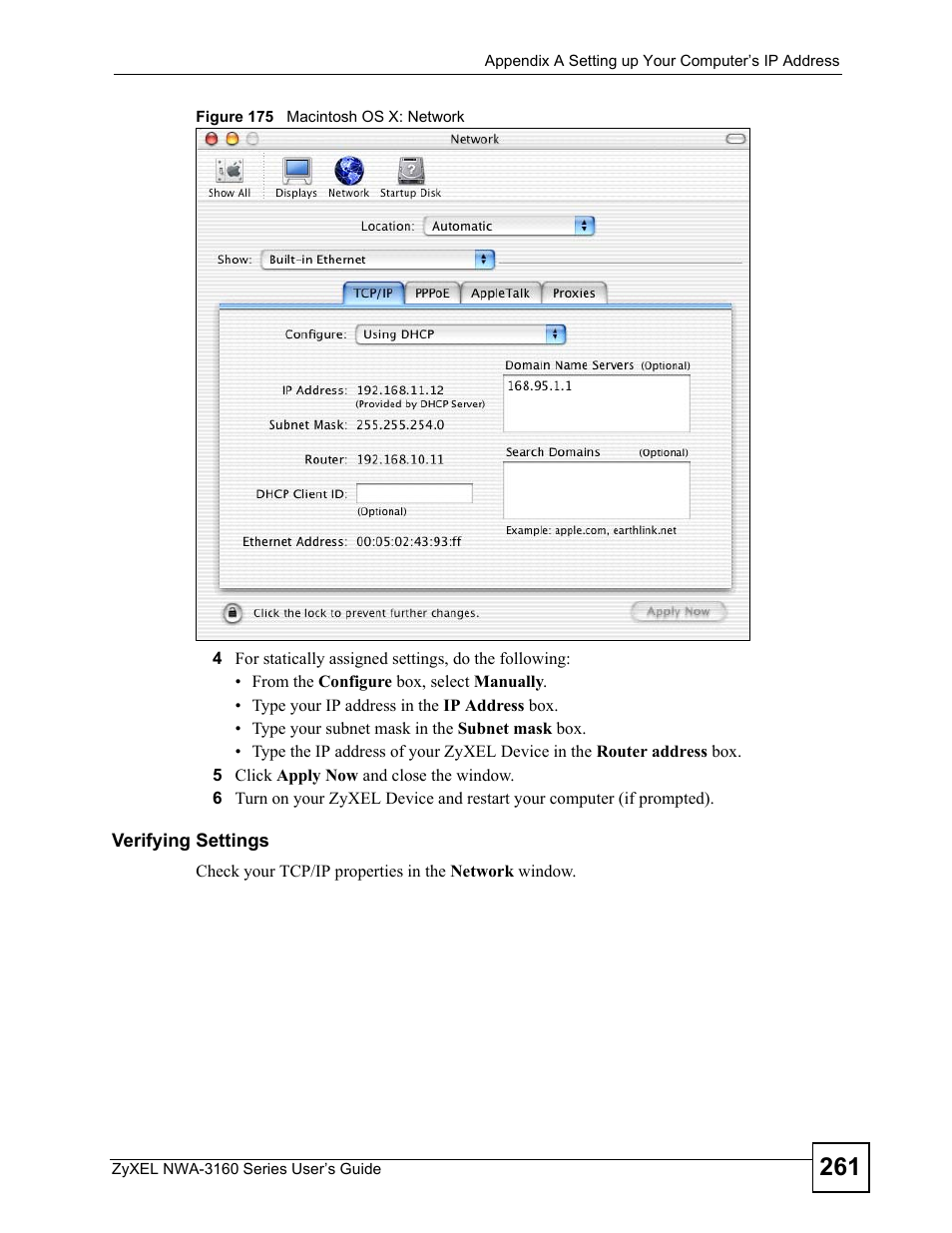 Figure 175 macintosh os x: network | ZyXEL Communications NWA3160 User Manual | Page 261 / 314