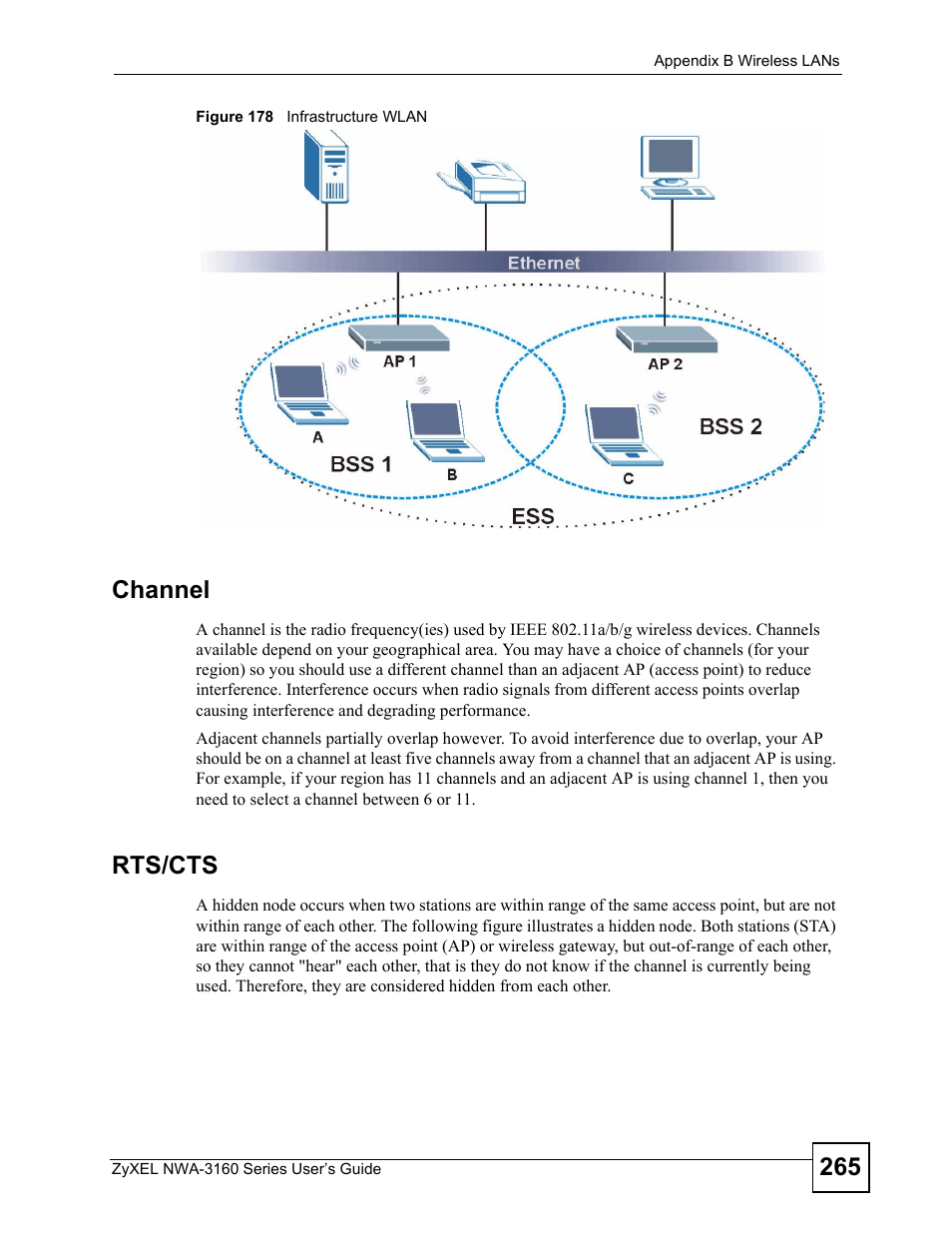 Figure 178 infrastructure wlan, Channel, Rts/cts | ZyXEL Communications NWA3160 User Manual | Page 265 / 314