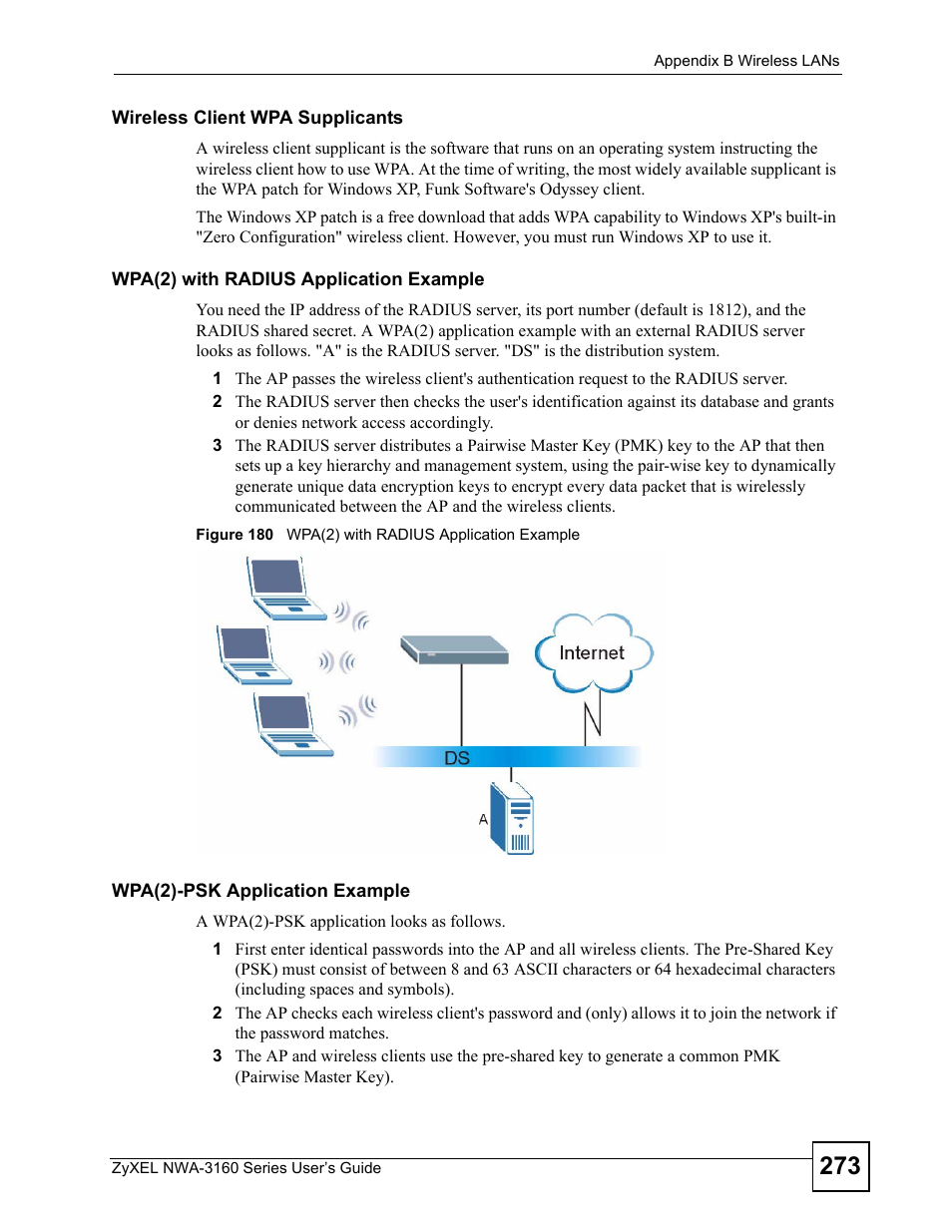 Figure 180 wpa(2) with radius application example | ZyXEL Communications NWA3160 User Manual | Page 273 / 314