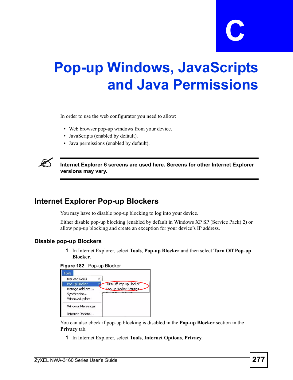Pop-up windows, javascripts and java permissions, Figure 182 pop-up blocker | ZyXEL Communications NWA3160 User Manual | Page 277 / 314