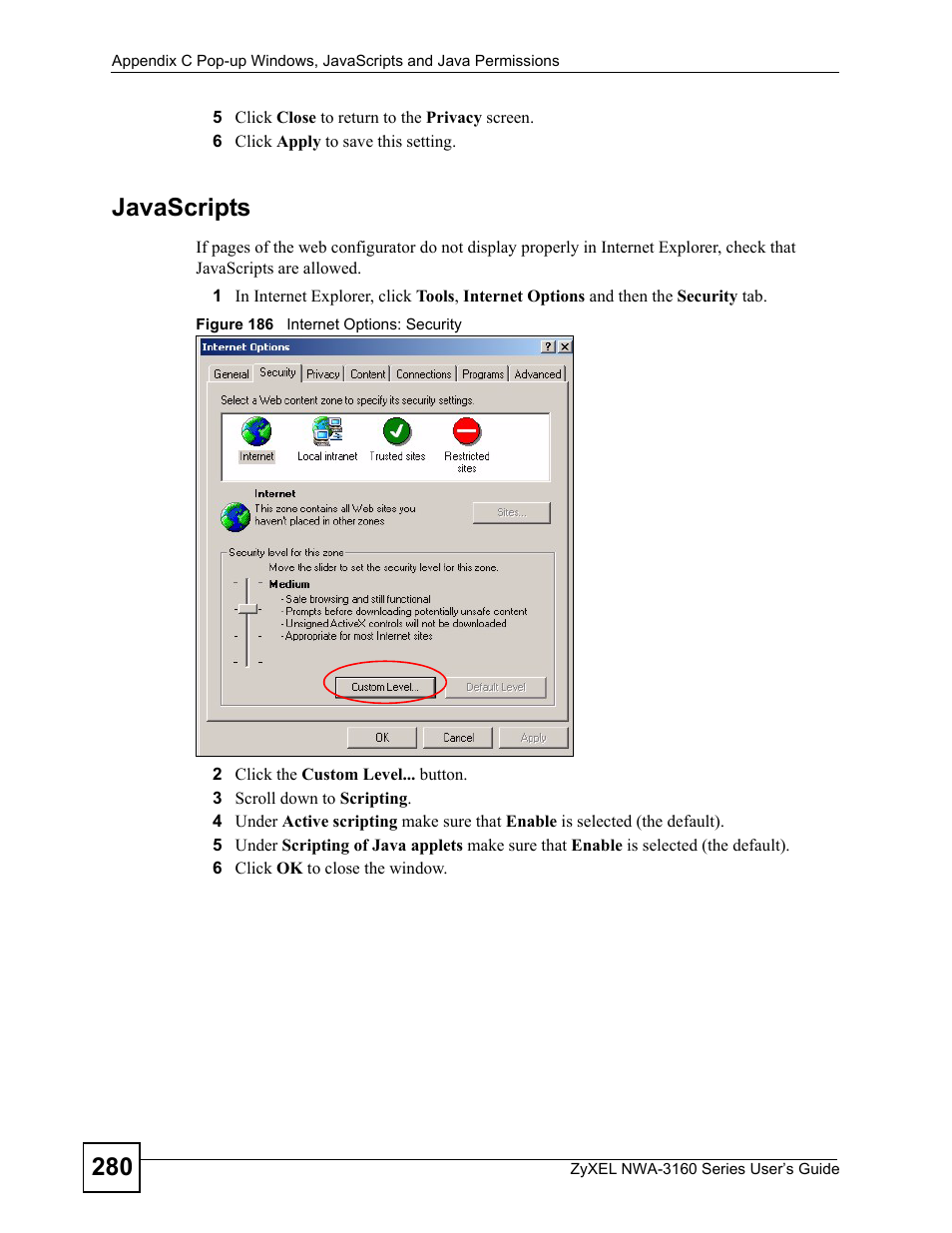 Figure 186 internet options: security, Javascripts | ZyXEL Communications NWA3160 User Manual | Page 280 / 314