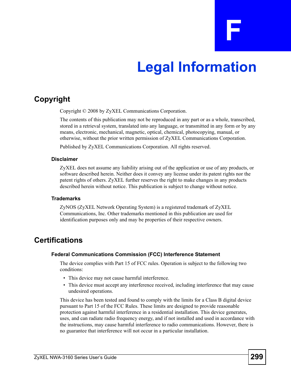 Legal information, Appendix f legal information, Legal information (299) | ZyXEL Communications NWA3160 User Manual | Page 299 / 314