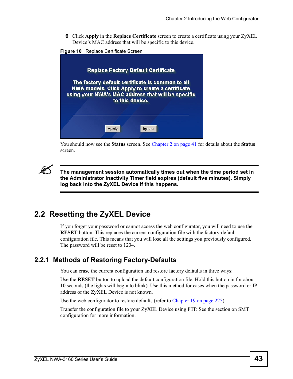 2 resetting the zyxel device, 1 methods of restoring factory-defaults, Figure 10 replace certificate screen | ZyXEL Communications NWA3160 User Manual | Page 43 / 314