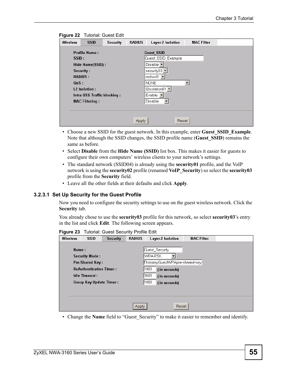 1 set up security for the guest profile | ZyXEL Communications NWA3160 User Manual | Page 55 / 314